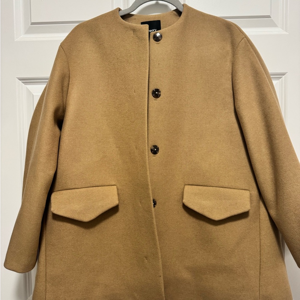 Theory Cape-Back Coat in Recycled Wool-Blend Melton – Camel (NWT, Small)